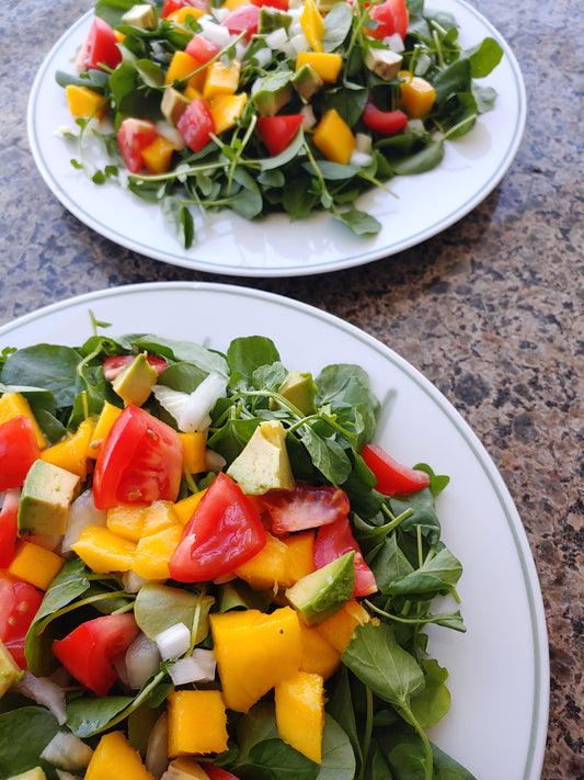 Mango Watercress Salad and Plantain Mango Kebobs